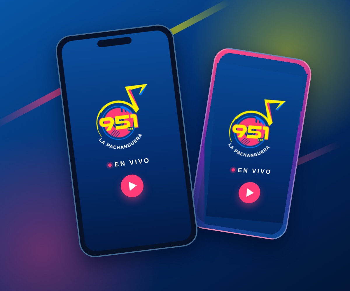 iPhone y Android con la app de La Pachanguera 95.1, la señal en vivo y el botón de play.